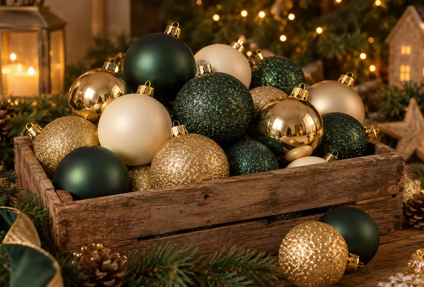 Colourful Christmas ornaments in a basket, mixed set, wholesale