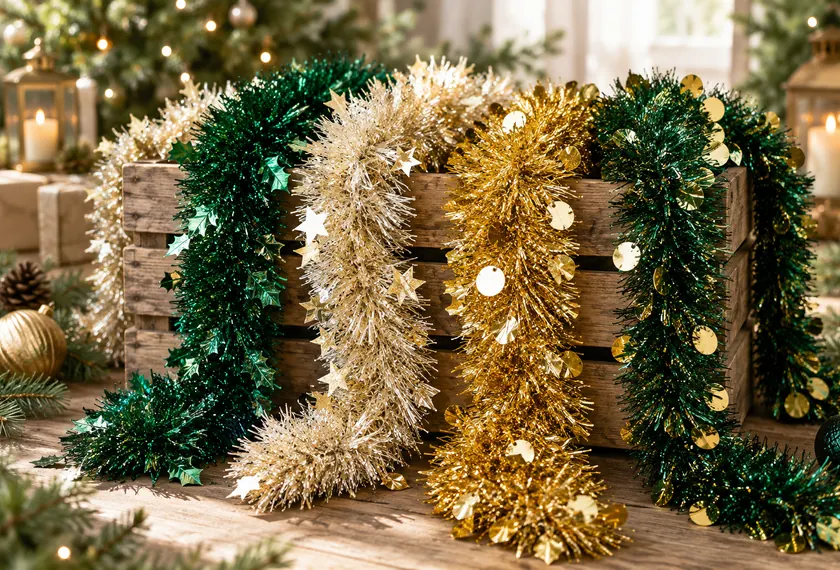 Tinsel and metallic Christmas garland strands, wholesale bulk