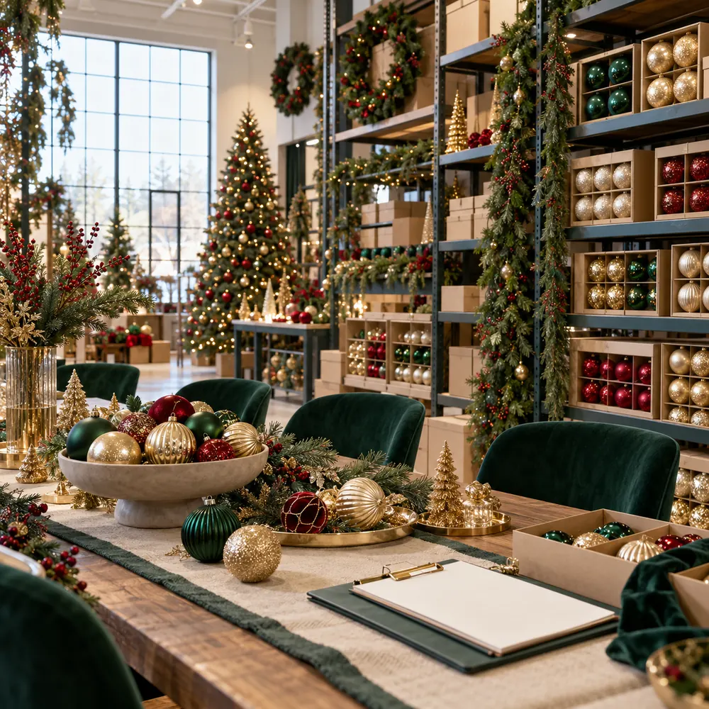 Wholesale Christmas decorations on shelving, assorted stock for retail buyers