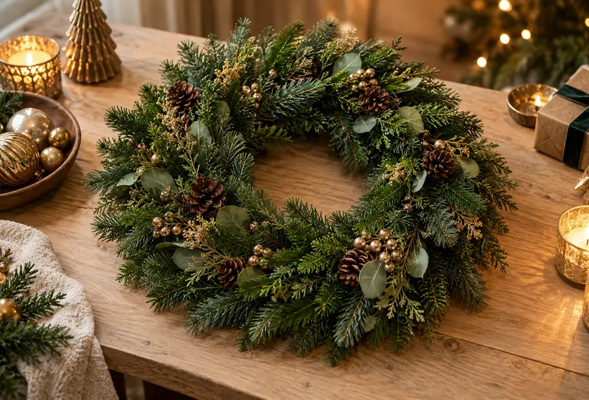 Christmas wreath with baubles and pine cones, wholesale supplier