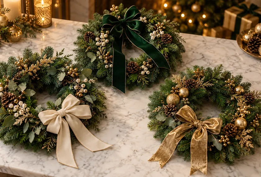 Christmas wreath with bow and ribbon detail, wholesale